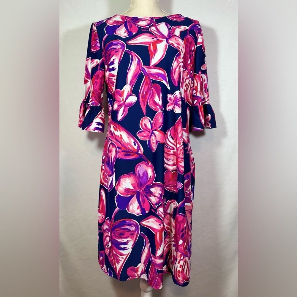Aryeh NWT Elena Dress Women’s Size Large Ruffle Sleeve Vibrant Navy/Pink/Purple - Picture 3 of 9